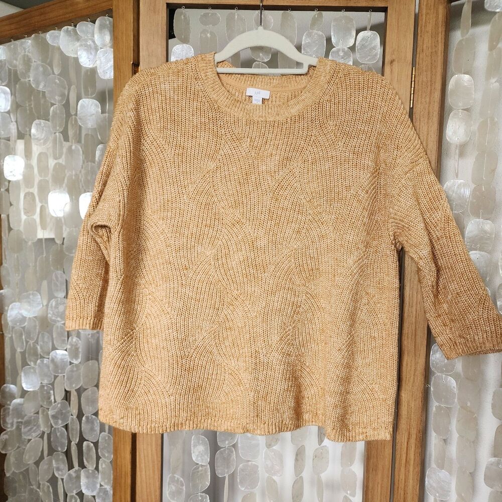 J Jill Cable Knit Sweater Small Tan Mustard Lagenlook Boxy Cotton Blend Textured
